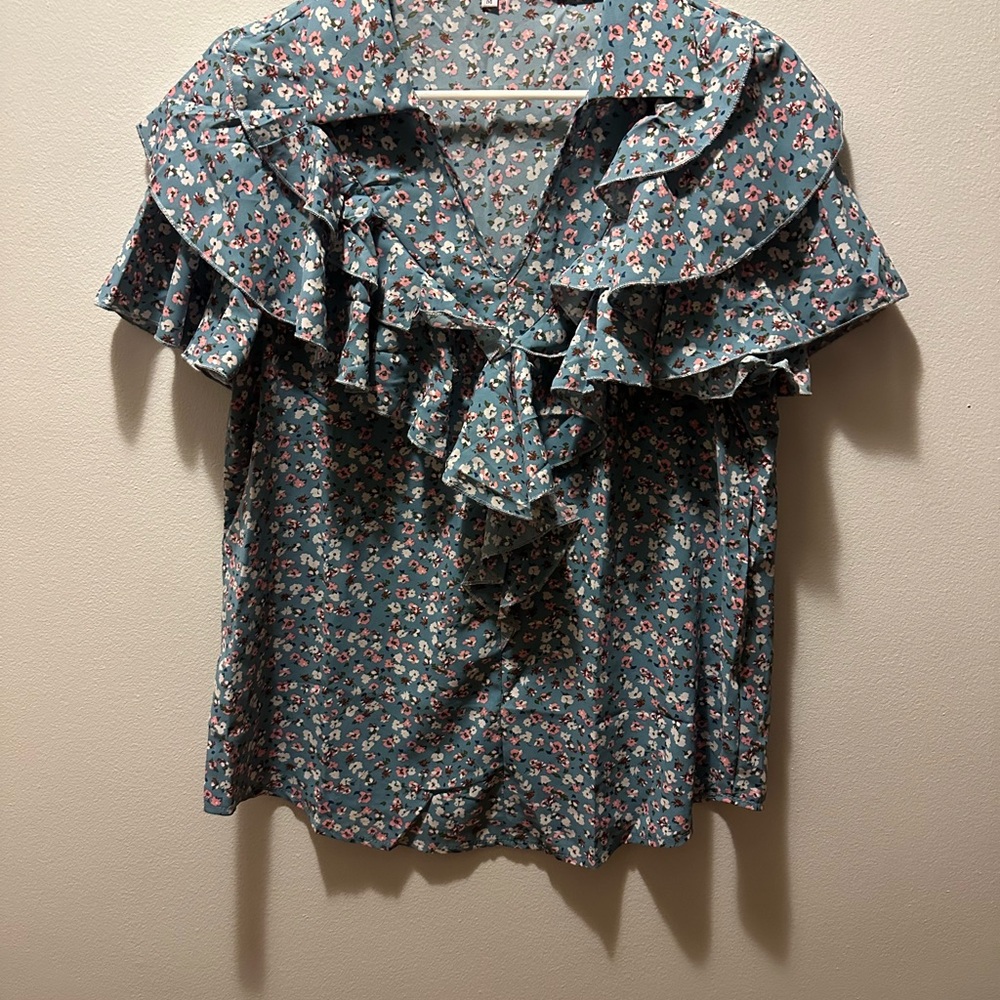 Floral Ruffle Blouse - Blue